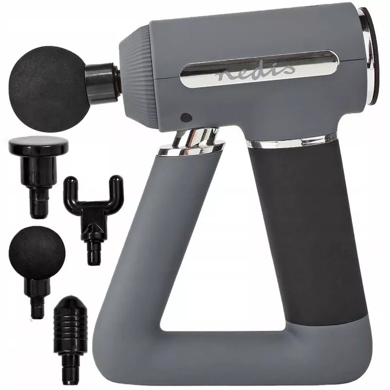 Nedis Pistola de massagem desportiva, 6 velocidades com 4 acessórios, motor sem escovas para recuperação e relaxamento muscular, pega triangular, recarregável - cinzento