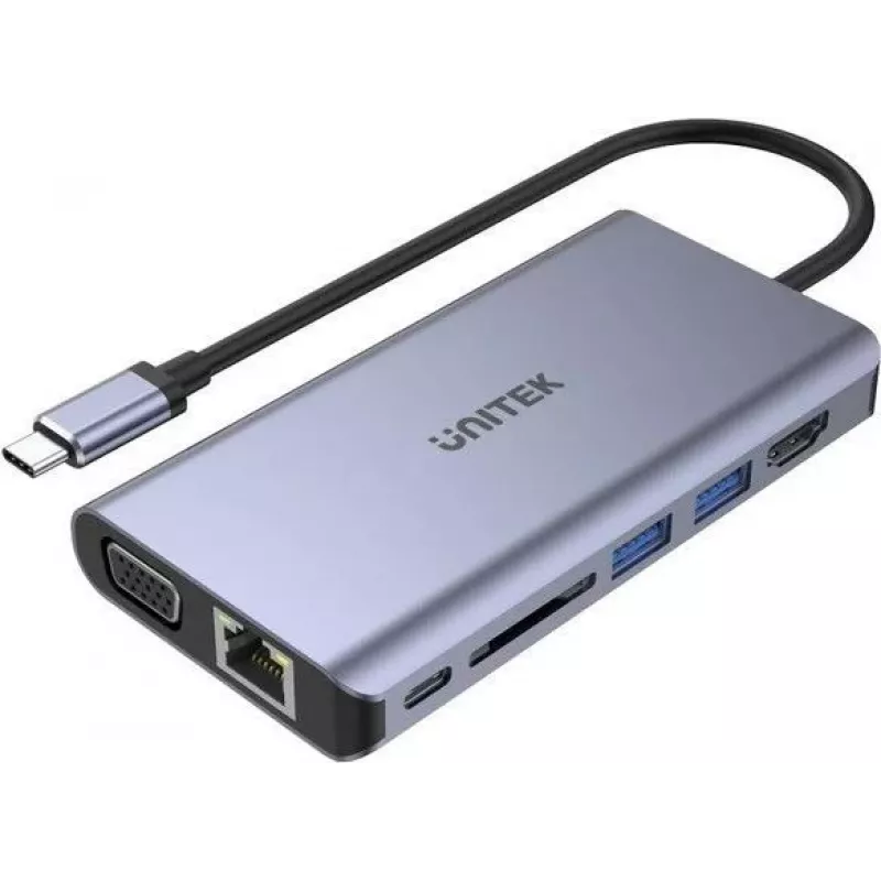UNITEK uHUB O8+ Hub USB 3.2 Gen 1 Type-C com fio, Cinzento, 100W Power Delivery