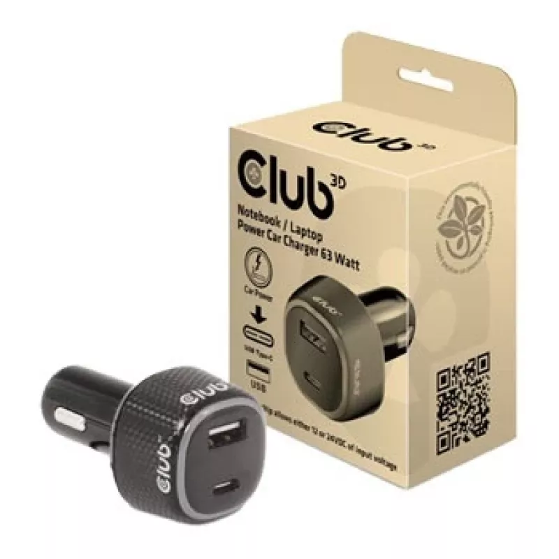Carregador de automóvel para notebook/portátil CLUB3D 63 Watt, automóvel, isqueiro, 24 V, preto