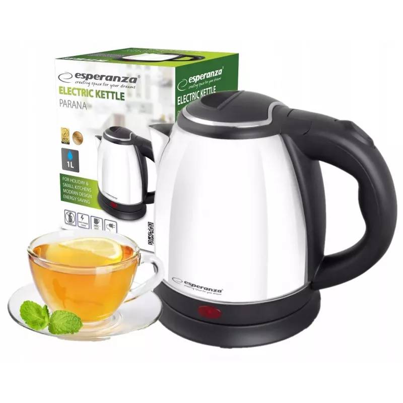 Esperanza EKK128W Parana chaleira elétrica, 1,0 l, 1350 W, sem fios, aço inoxidável, branca