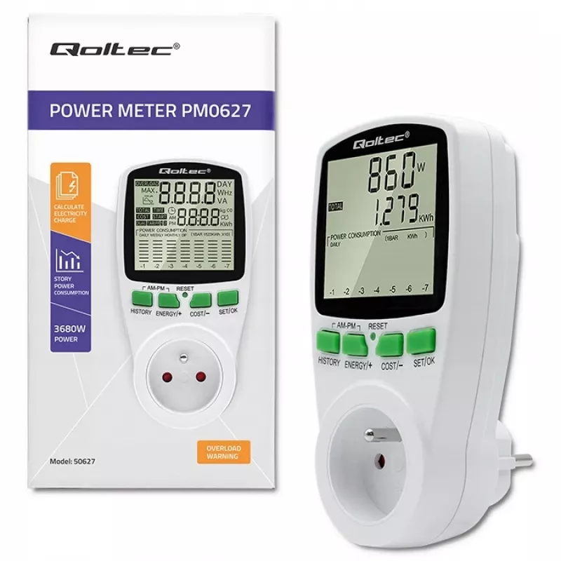 Medidor de potência QOLTEC PM0627 3680W com histórico — QOLTEC PM0627 3680W