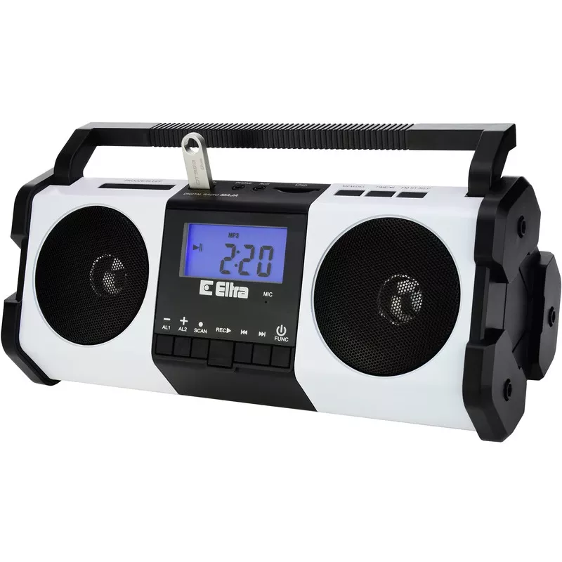 Rádio portátil Eltra MAJA – branco, design compacto, alimentação por pilha ou rede