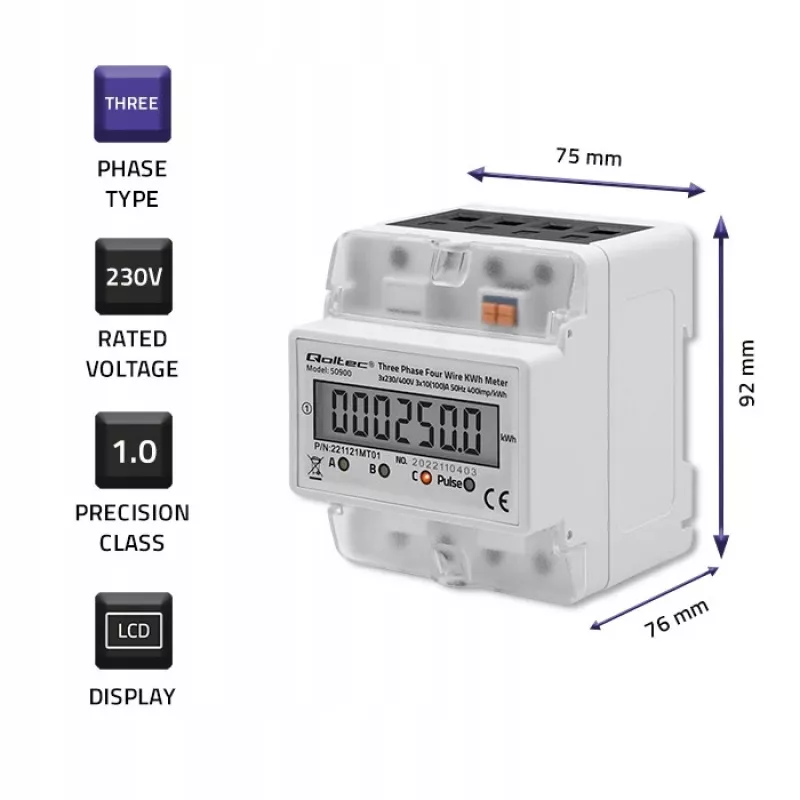 Contador de energia eletrónico trifásico QOLTEC 50900 400V LCD 4P