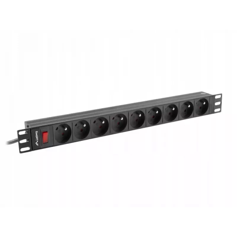 Unidade de distribuição de energia LANBERG PDU-09E-0300-BK — 9x tomadas tipo E, 16 A, 220–250 V, cabo de 3 m, rack 1U, 19 polegadas