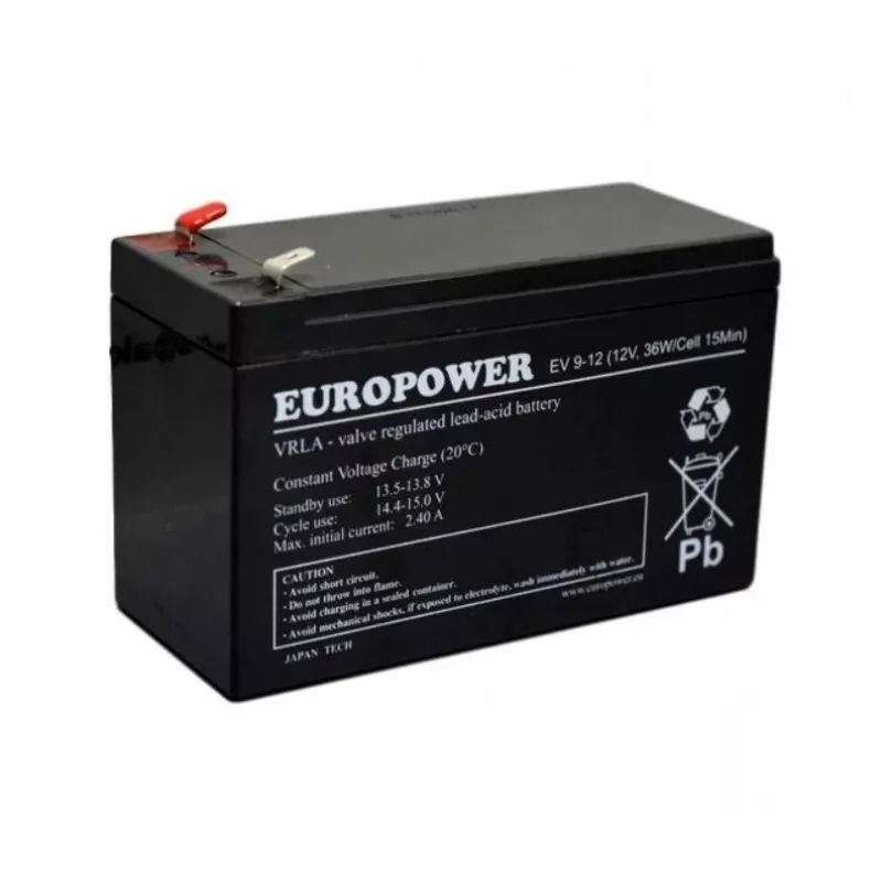Bateria selada de chumbo-ácido europower EV 12-9 — 12 V 9 Ah para UPS e energia de emergência
