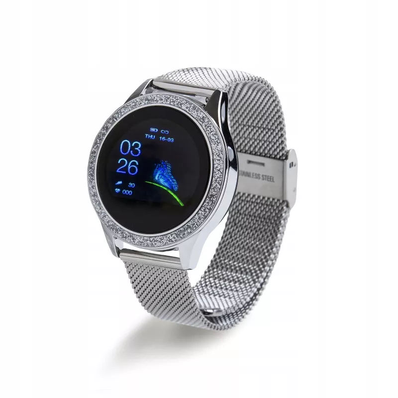 Smartwatch ORO-MED ORO-SMART CRYSTAL SILVER — caixa redonda em metal, LCD 240 × 198, ecrã de 1,04 polegadas, Bluetooth 4.0, à prova de água, bateria de 120 mAh