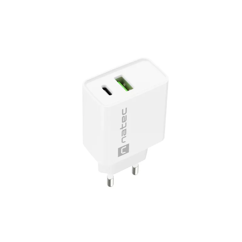 Carregador rápido de rede NATEC RIBERA 12V 20W USB-C PD 3.0 + USB-A Samsung AFC branco