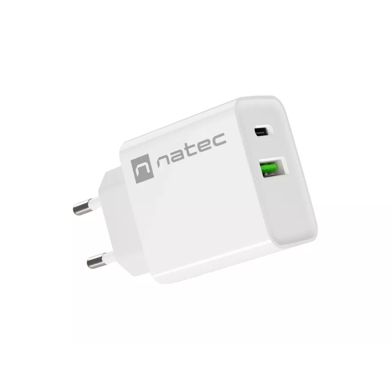 Carregador rápido de rede NATEC RIBERA 12V 20W USB-C PD 3.0 + USB-A Samsung AFC branco