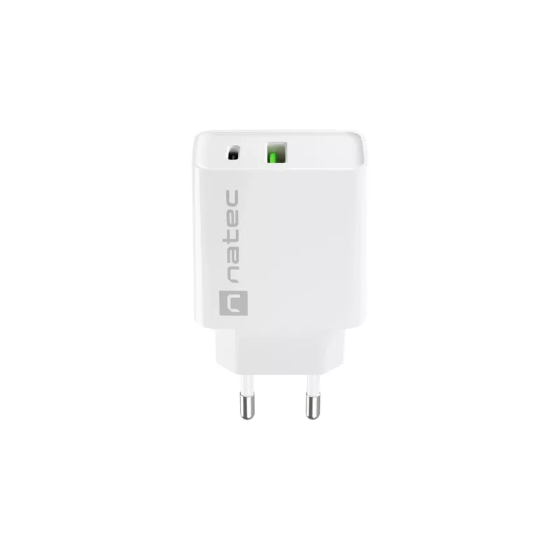 Carregador rápido de rede NATEC RIBERA 12V 20W USB-C PD 3.0 + USB-A Samsung AFC branco