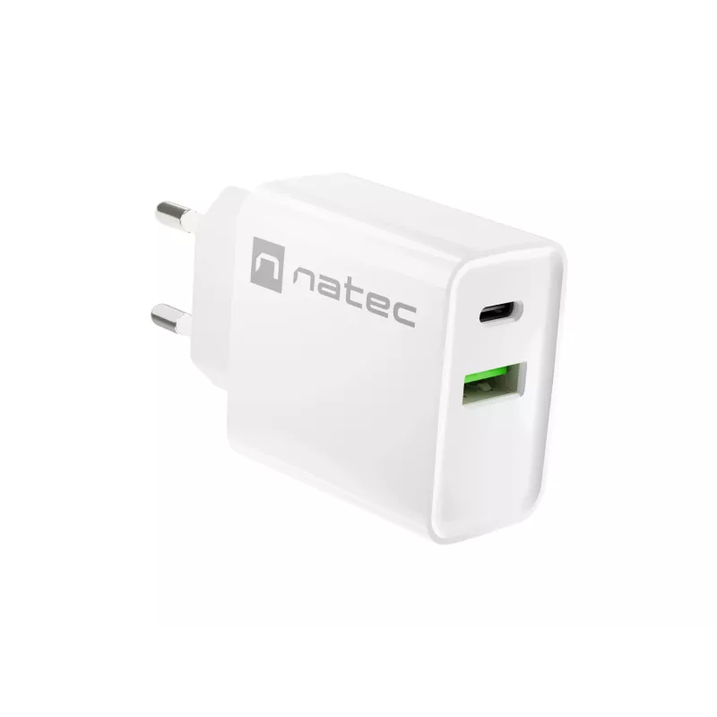 Carregador rápido de rede NATEC RIBERA 12V 20W USB-C PD 3.0 + USB-A Samsung AFC branco