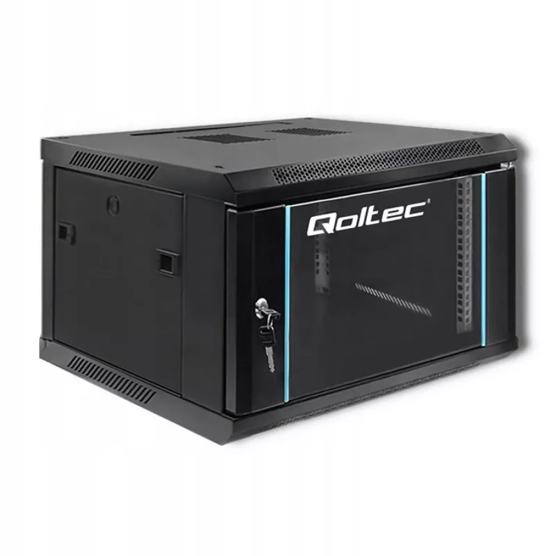 Qoltec 54465 armário rack de parede de 19 polegadas 6U, 600 x 370 x 600 mm, porta de vidro temperado, aço SPCC