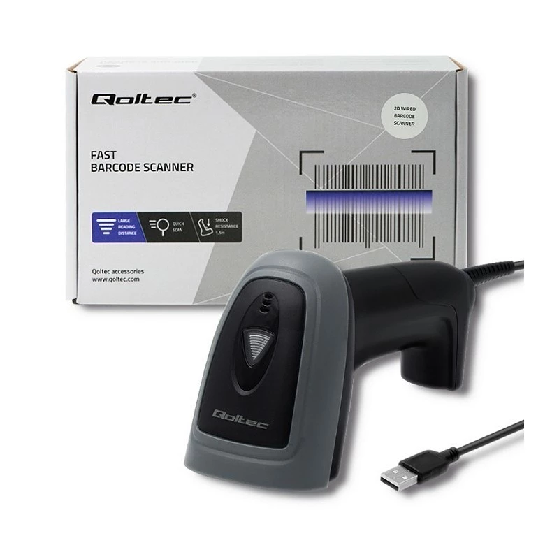 Leitor de códigos de barras manual QOLTEC 50863 — leitor 1D/2D, USB com fios, sensor LED, preto, 5V, cabo de 1,8 m