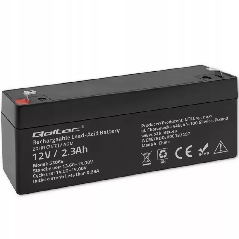 Bateria AGM selada QOLTEC 12V 2,3Ah para sistemas UPS e de backup, descarga máx. 34,5A