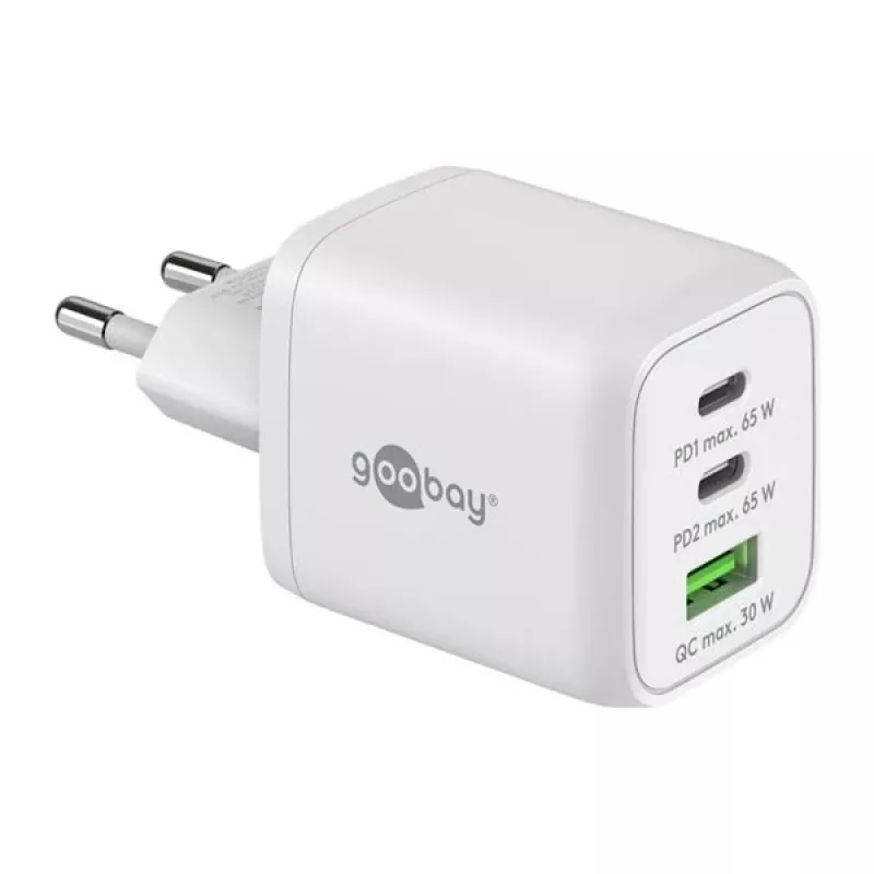 Carregador rápido USB-C Nano, PD, GaN, 65 Watt (branco, 1x USB-A, 2x USB-C PD, Charge 3.0)