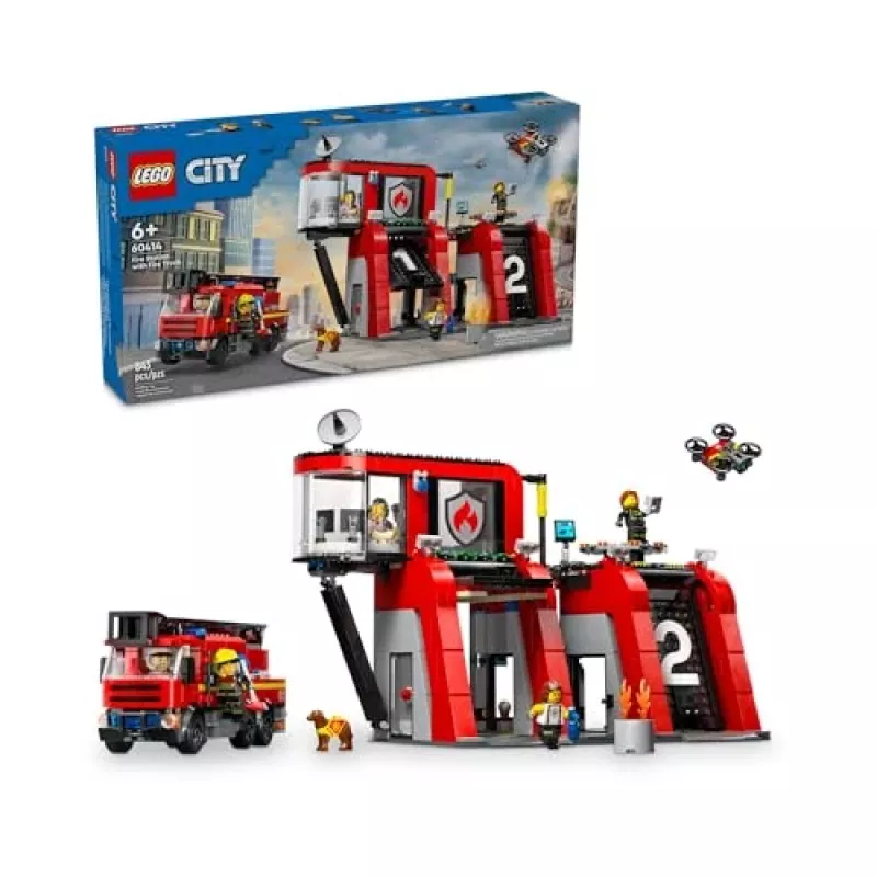 Brinquedo de construção LEGO City Quartel dos Bombeiros com veículo de escada giratória 60414 — 843 peças, 5 minifiguras, 220×320×140 mm