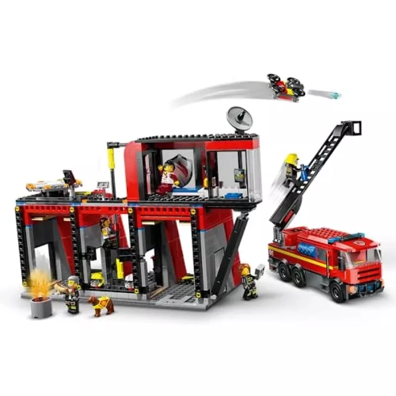 Brinquedo de construção LEGO City Quartel dos Bombeiros com veículo de escada giratória 60414 — 843 peças, 5 minifiguras, 220×320×140 mm