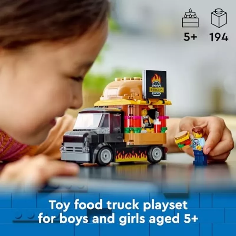 LEGO City Carrinha de Hambúrgueres Food Truck Brinquedo para rapazes e raparigas a partir de 5 anos, veículo de construção, conjunto de cozinha com minifigura de vendedor e acessórios