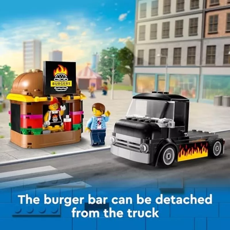 LEGO City Carrinha de Hambúrgueres Food Truck Brinquedo para rapazes e raparigas a partir de 5 anos, veículo de construção, conjunto de cozinha com minifigura de vendedor e acessórios