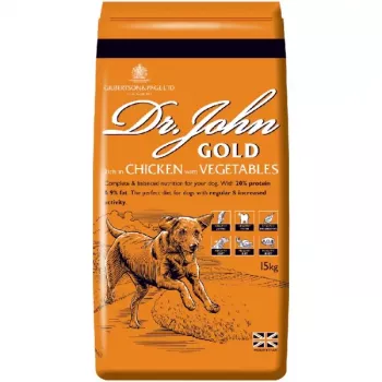 Comida seca para cães Dr. John Gold frango 15 kg saco — adultos, 20% proteína, 9% gordura, suporte articular