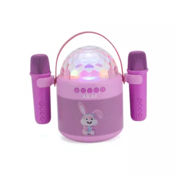 Conjunto de karaoke AKAI JoyBox Kids com Bluetooth, USB, MicroSD, AUX, rádio FM, luzes RGB, distorção de voz, microfone com cabo, bateria recarregável de 1200mAh, 5W RMS