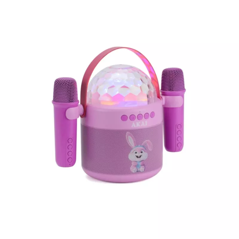 Conjunto de karaoke AKAI JoyBox Kids com Bluetooth, USB, MicroSD, AUX, rádio FM, luzes RGB, distorção de voz, microfone com cabo, bateria recarregável de 1200mAh, 5W RMS