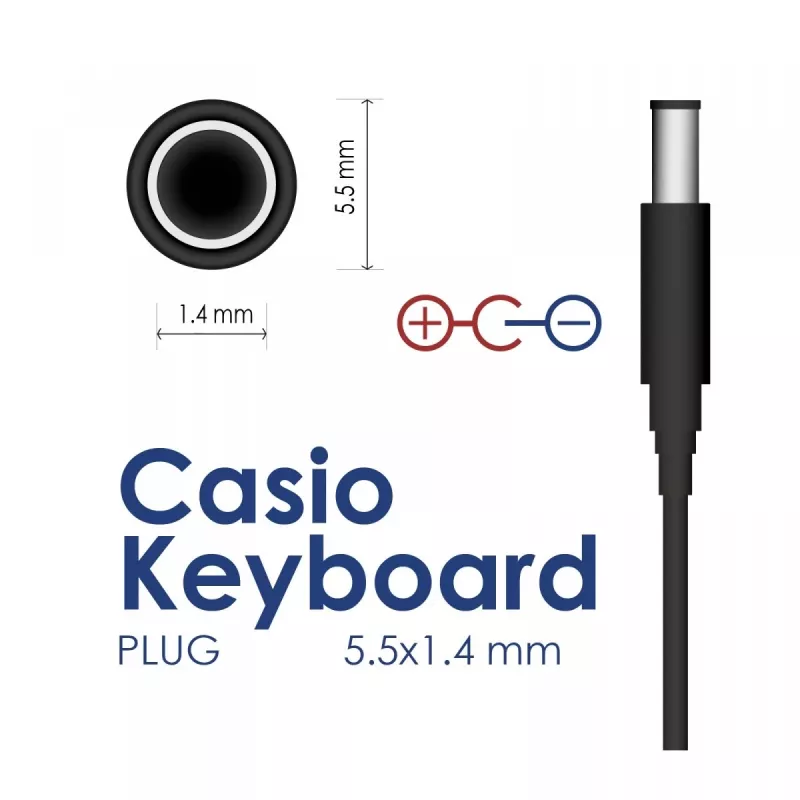 Fonte de alimentação Akyga AK-PD-32 para teclados Casio, 9 V, 1 A, 9 W, 5,5 x 1,4 mm, 1,5 m