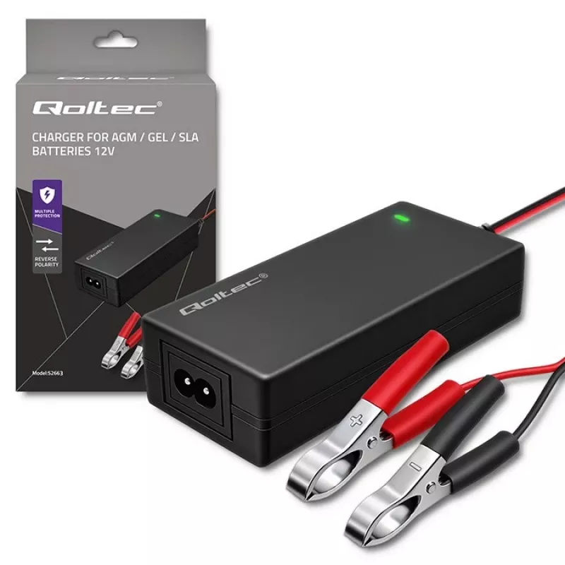 Carregador de bateria automático Qoltec para AGM GEL STD | retificador 12V | 2A | 24W | LED | cabo 1,8m
