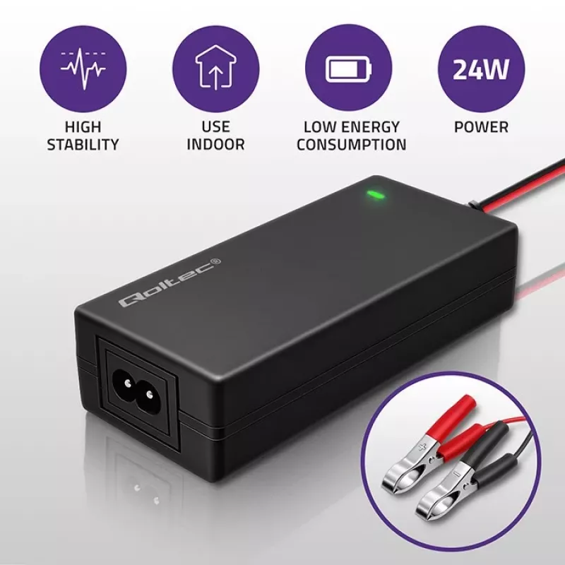Carregador de bateria automático Qoltec para AGM GEL STD | retificador 12V | 2A | 24W | LED | cabo 1,8m