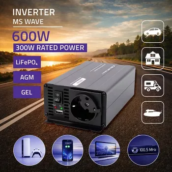 Inversor de potência de onda MS Qoltec 12V para 230V 300/600W USB compatível com LiFePO4 GEL AGM