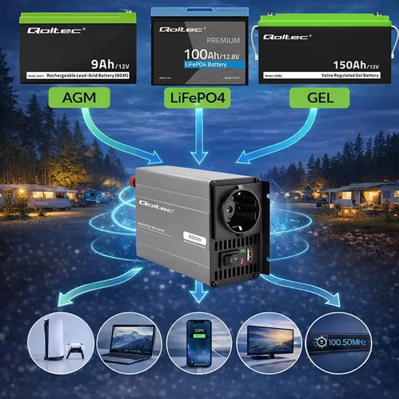 Inversor de potência de onda MS Qoltec 12V para 230V 300/600W USB compatível com LiFePO4 GEL AGM