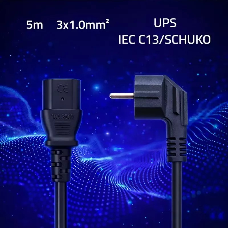 Cabo de alimentação QOLTEC SCHUKO CEE ficha angular IEC C13 5m preto