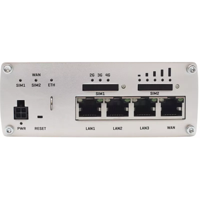 Teltonika RUTX09 router celular industrial 4G LTE-A Cat 6 com switch Gigabit de 4 portas, Dual SIM, GNSS