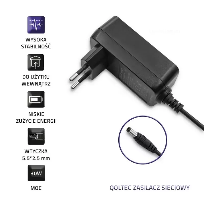 Fonte de alimentação de parede Qoltec 30W 15V 2A 5,5x2,5mm preta