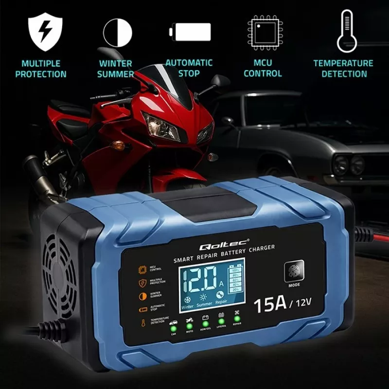 Carregador inteligente com microprocessador Qoltec 12V 15A | Retificador com função de reparação | AGM GEL LiFePO4 | Carregamento em 9 etapas