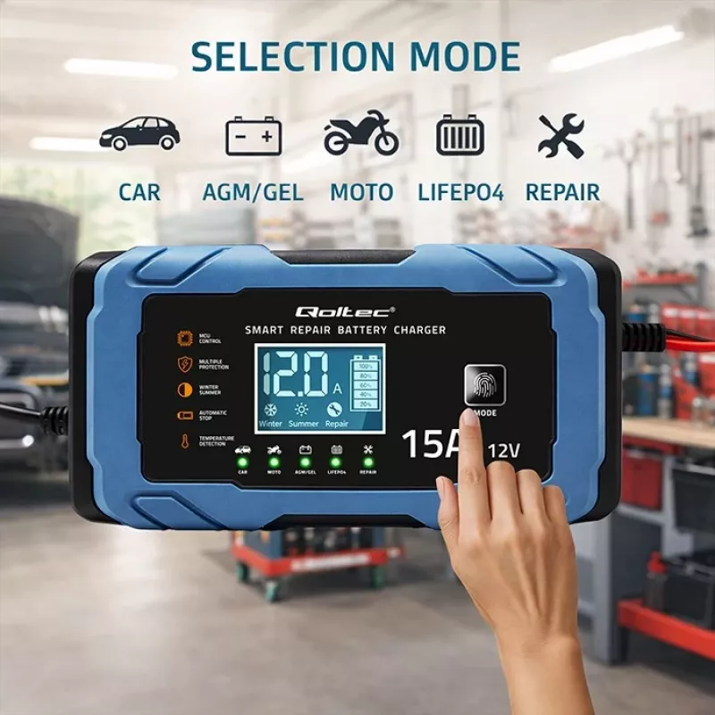 Carregador inteligente com microprocessador Qoltec 12V 15A | Retificador com função de reparação | AGM GEL LiFePO4 | Carregamento em 9 etapas