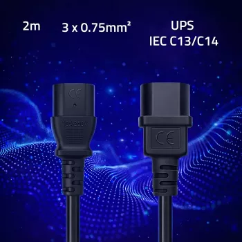 Cabo de alimentação QOLTEC IEC C13 C14 3x0,75mm² cobre puro 1,8m preto