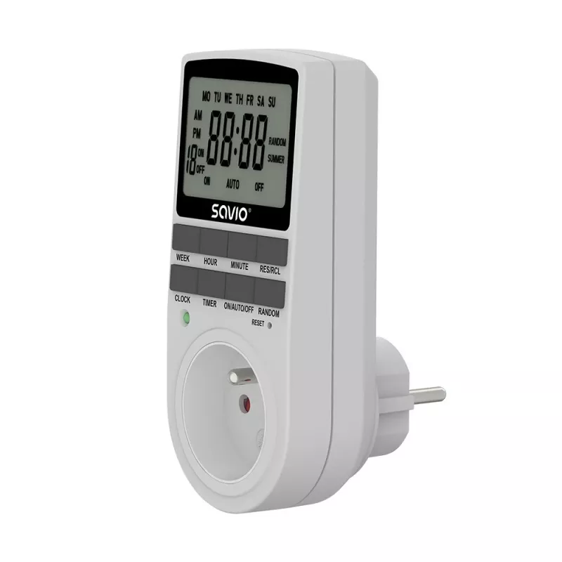 SAVIO AE-03 temporizador digital com visor LCD, 10 programas, 16A, ficha Schuko, branco