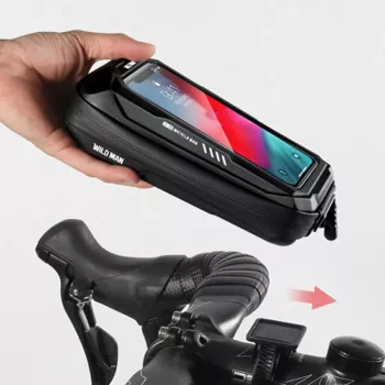 WILDMAN X3 bolsa de guiador de bicicleta com suporte para telemóvel, preto, concha rígida, repelente à água, até 6,7