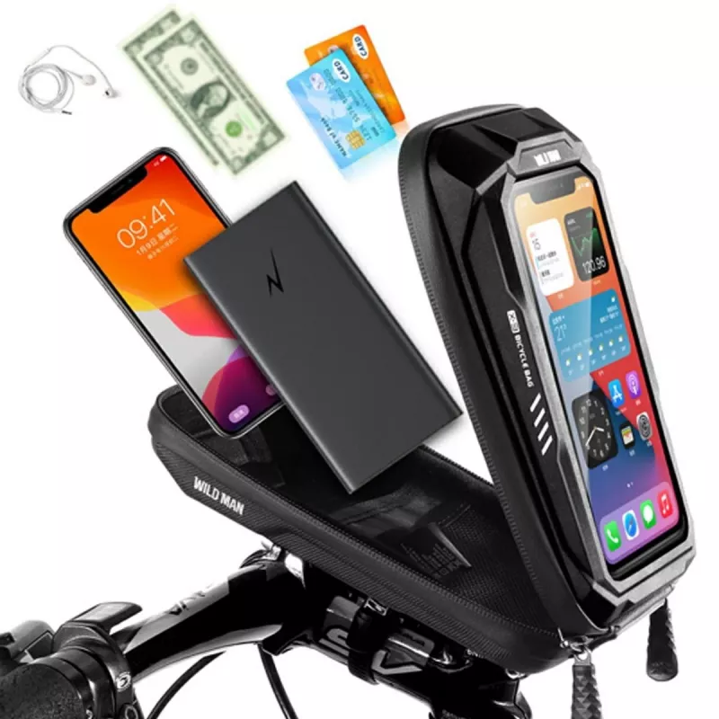 WILDMAN X3 bolsa de guiador de bicicleta com suporte para telemóvel, preto, concha rígida, repelente à água, até 6,7