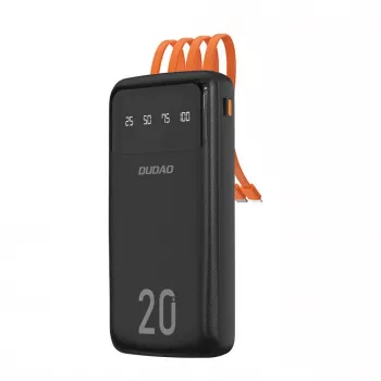 Powerbank Dudao K6Pro+ 20000mAh com 4 cabos integrados USB-C Micro USB Lightning entrada USB-A Preto