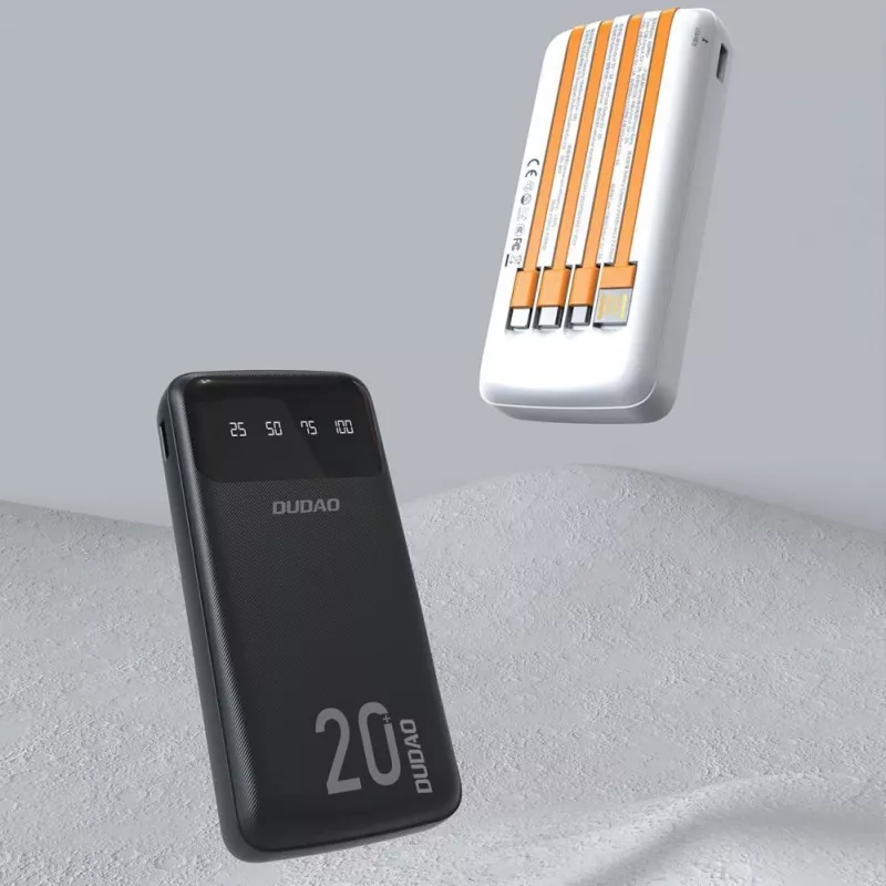 Powerbank Dudao K6Pro+ 20000mAh com 4 cabos integrados USB-C Micro USB Lightning entrada USB-A Preto