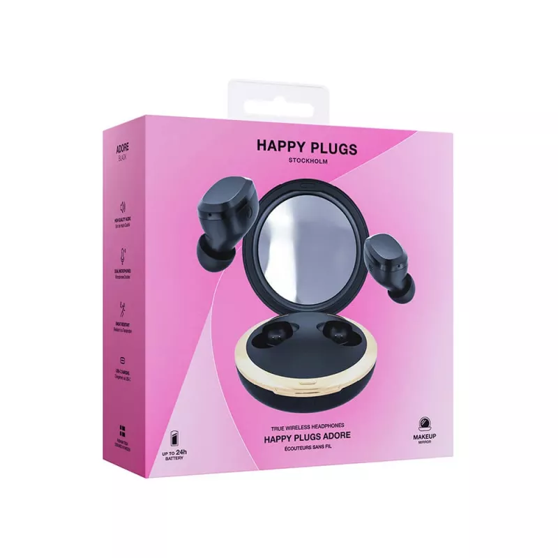 Happy Plugs Adore auscultadores intra-auriculares sem fios com estojo de carregamento com espelho (preto)