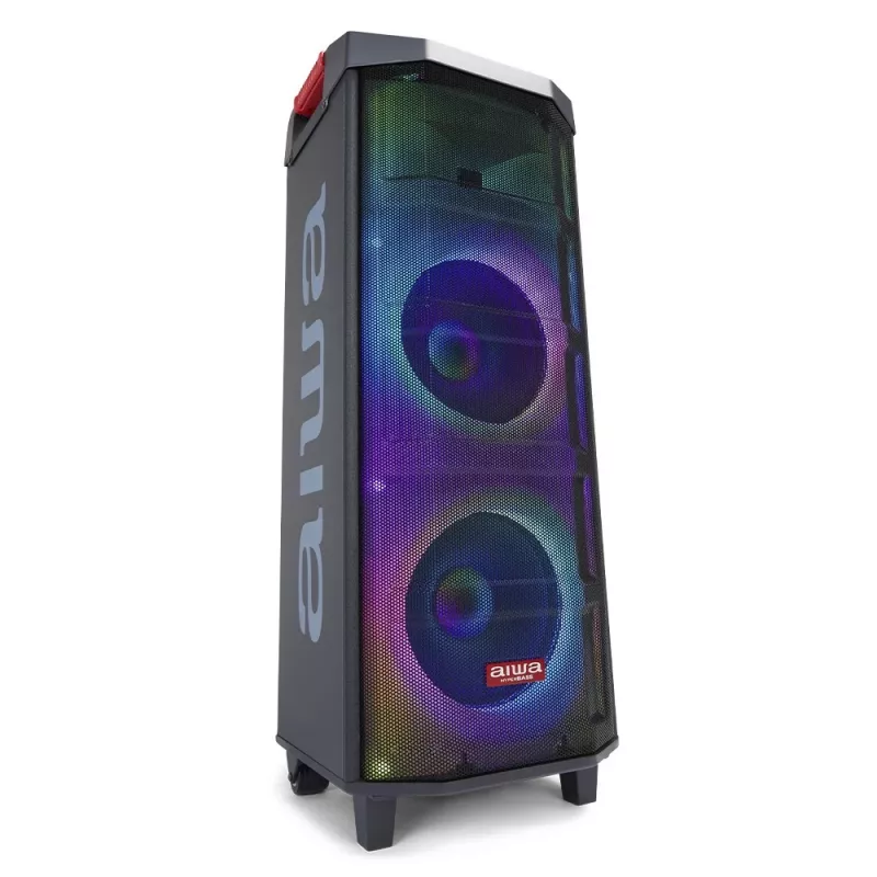 Coluna portátil de festa AIWA Power Audio KBTUS-710MKII 700W com Bluetooth, USB, SD, AUX, rádio FM, luzes LED, puxador tipo trolley, rodas, comando e microfone