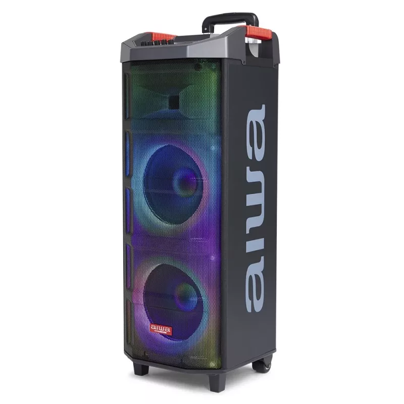 Coluna portátil de festa AIWA Power Audio KBTUS-710MKII 700W com Bluetooth, USB, SD, AUX, rádio FM, luzes LED, puxador tipo trolley, rodas, comando e microfone