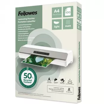 Pacote de 100 películas de plastificação mate A4 Fellowes, 80 mícron, recicladas