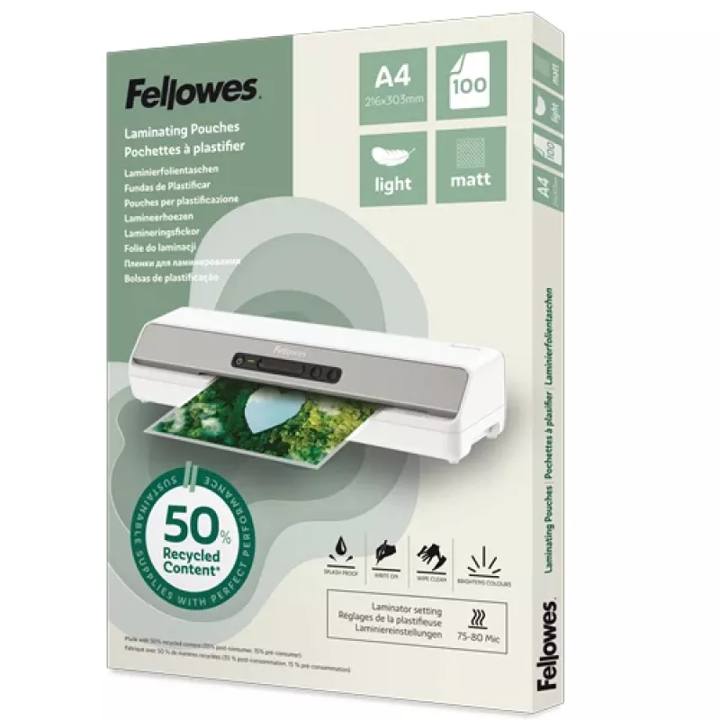 Pacote de 100 películas de plastificação mate A4 Fellowes, 80 mícron, recicladas