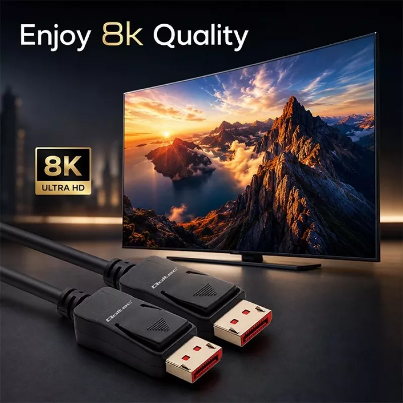 Cabo DisplayPort 2.1 Qoltec 3m 8K 54Gbps macho a macho