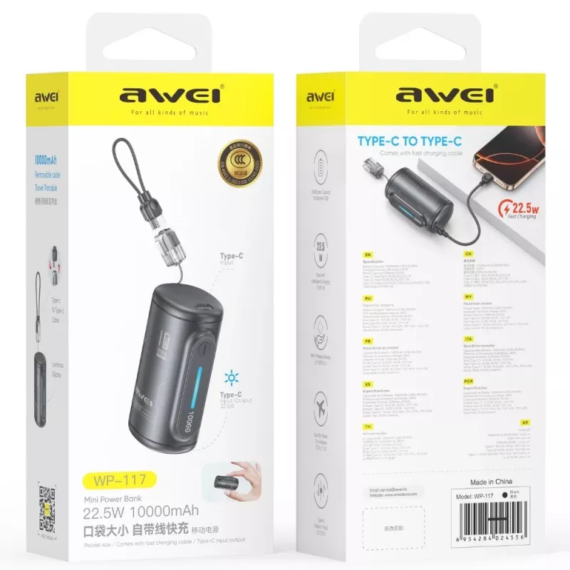 Power bank AWEI WP-117 10000mAh 22.5W 3C2xUSB-C preto