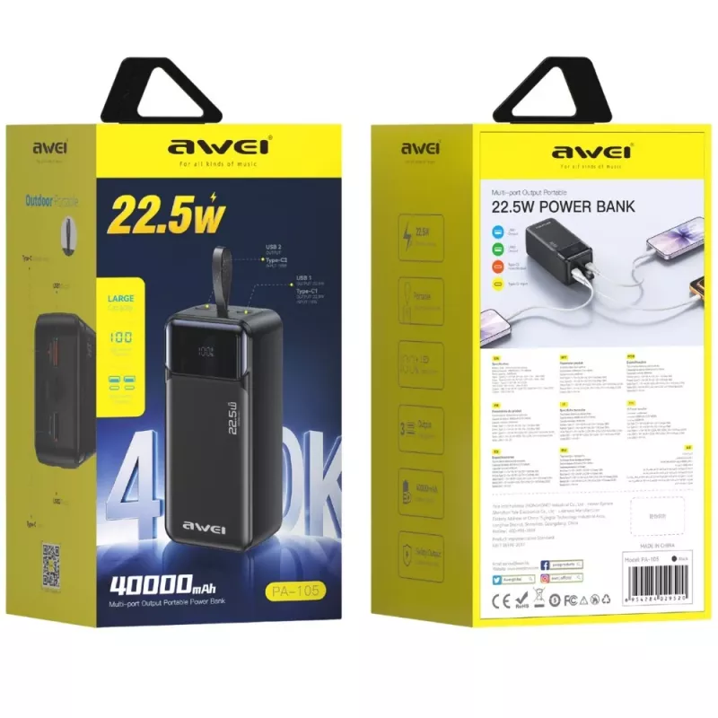 Power bank AWEI PA-105 40000mAh 22.5W PD QC 3.0 USB-C preto