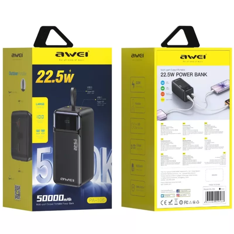 Power bank AWEI PA-106 50000mAh 22.5W PD 3xUSB-C preto